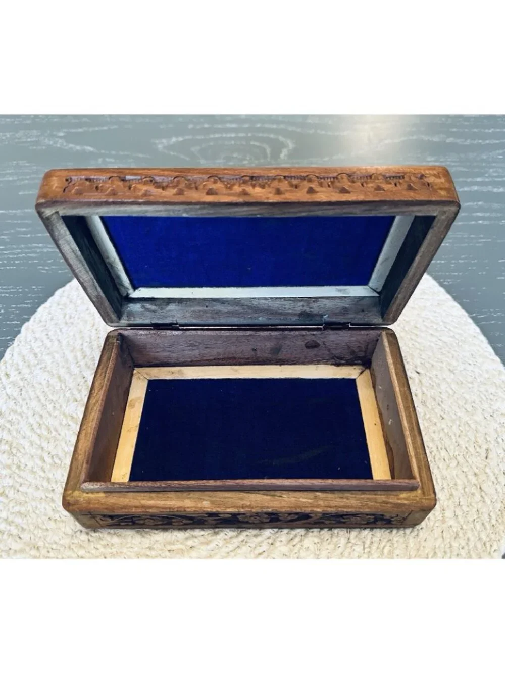 Vintage Carved Wooden Trinket Box Made in India Hinged Lined with Brass Inlay 8”
